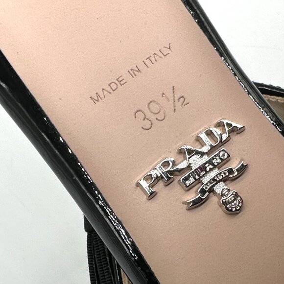 PRADA Triangle Logo Bow Pointed Toe Kitten Heel Slingback Pumps Sandals - Picture 16 of 16